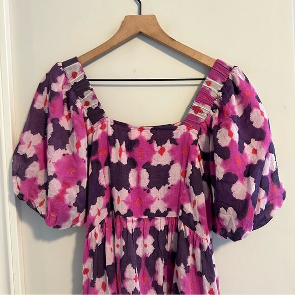 Banjanan Pink Purple Block Printed Ikat Cotton Square Neck Mini Dress Small - Picture 9 of 13